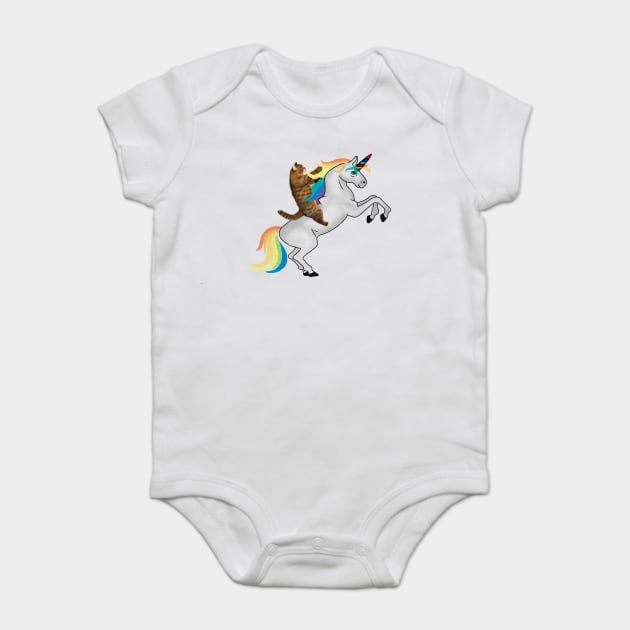 Funny Cat riding Unicorn, Love Unicorns Baby Bodysuit by logiamerch